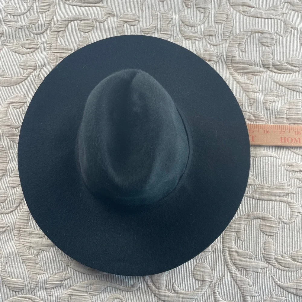 Zara Black‎ Wide Brim Fedora Hat Wool Felt Pinched Crown Buckle Band Size M 58cm